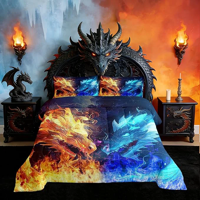 Sustainable Dragon Comforter Set Ice and Fire al Dragon King Size Boys Bedding Set for Kids Teens Men Adults Room Decor Animal Pattern Duvet Insert Blue and Golden Wildlife Quilt Set 3Pcs 2 Pillowcases Reliable