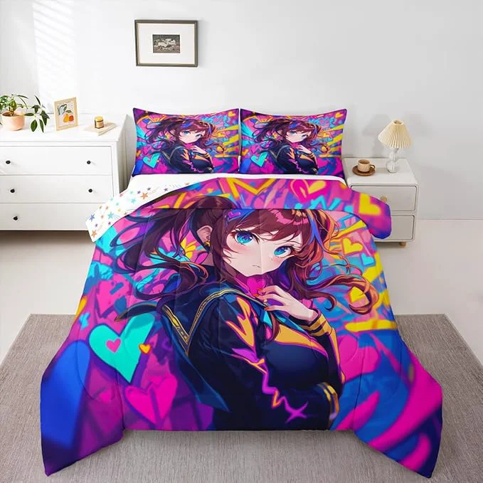 Detailed Erosebridal Anime Girl Twin Comforter Set Japanese Anime Bedding Set for Kids Girls Teens Adult Bedroom Cartoon Girl Bedding Comforter Sets Kawaii Japanese Animation Quilt 2 Piece Purple Versatile