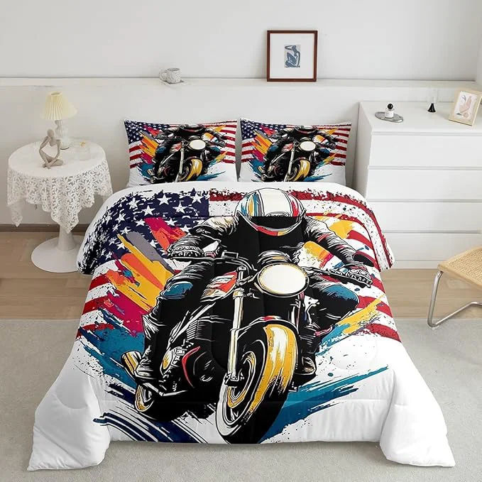 Easy-to-Use Feelyou Dirt Bike Comforter Set Queen Size American Flag Comforter Extreme Sports Bedding Set Racing Motocross Rider Duvet Set Room Decor White Quilt Set Premium Material