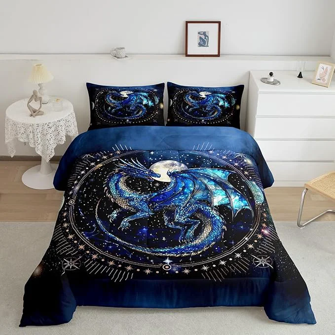 Expertly Made Feelyou Dragon Comforter Set Full Size Comforter for Boys Girls Teens Luxury Bedding Set Dragon Decor Duvet Set Room Decor Blue Black Quilt Set Recyclable