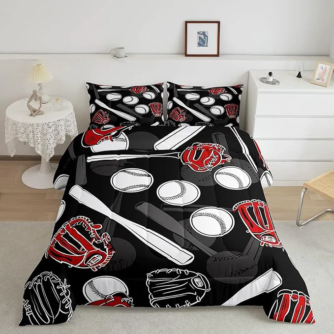 Long-Lasting Erosebridal Baseball Comforter Set Queen Cartoon Baseballs Bedding Set 3D Ball Sport Games Bedding Comforter Sets Black White Gray Quilt Soft Bedroom Decor Gift for Teens Boys Pure