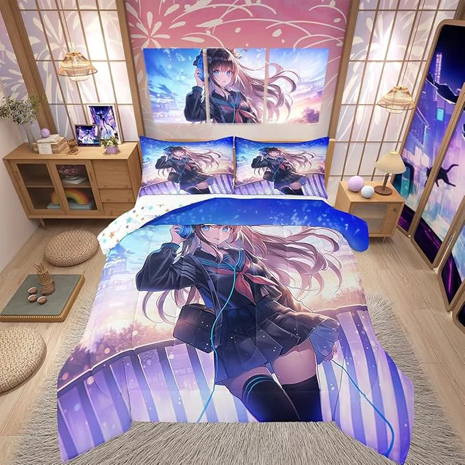 Unique Erosebridal Anime Girl Bedding Set Queen Size Japanese Anime Comforter Set for Kids Boys Teens Bedroom Decor Cartoon Girl Duvet Insert Kawaii Japanese Animation Quilt with 2 Pillow Cases High-Grade