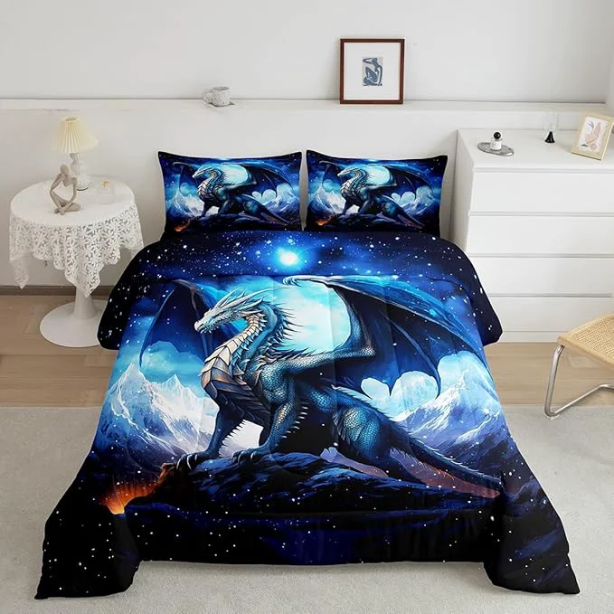 Enhanced Dragon Bedding Set Full Size Snow Mountain Starry Sky Galaxy Comforter Set for Kids Boys Men Teens Room Decor Glitter Star Trippy Duvet Insert 3Pcs Western al Animal Blue Quilt Set 2 Pillowcases Elite