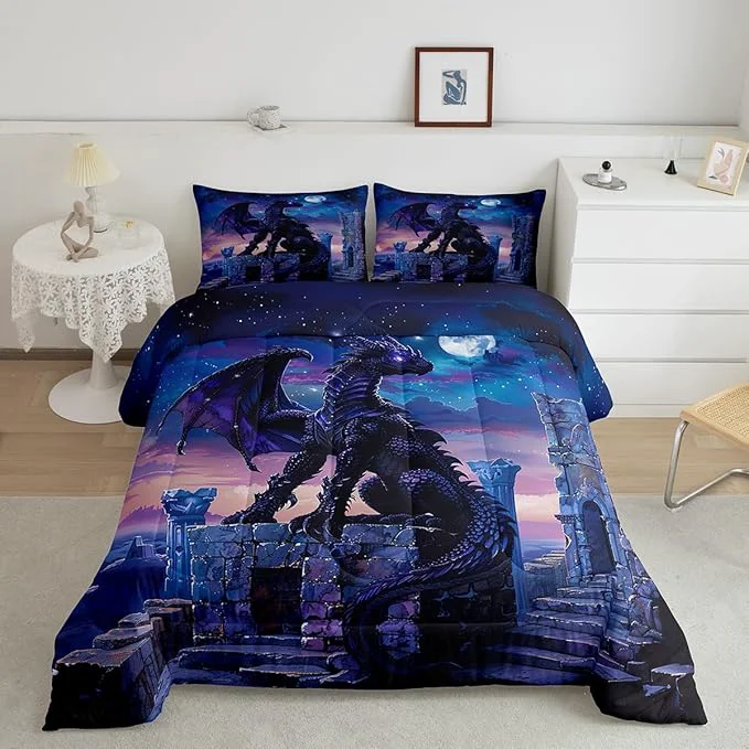 Fast Feelyou Dragon Comforter Set Queen Size Moon Light Dragon Comforter for Boys Girls Teens Gothic Bedding Set Wildlife Duvet Set Room Decor Acid Blue Quilt Set Eco-Friendly