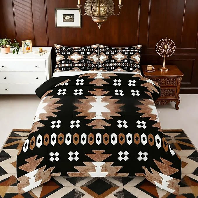 Artisan Feelyou Boho Comforter Set Toddler Size Southwest Native American Design Comforter Southwestern Geometric Bedding Set Western Decor Duvet Set Brown Balck Quilt Set Lightweight