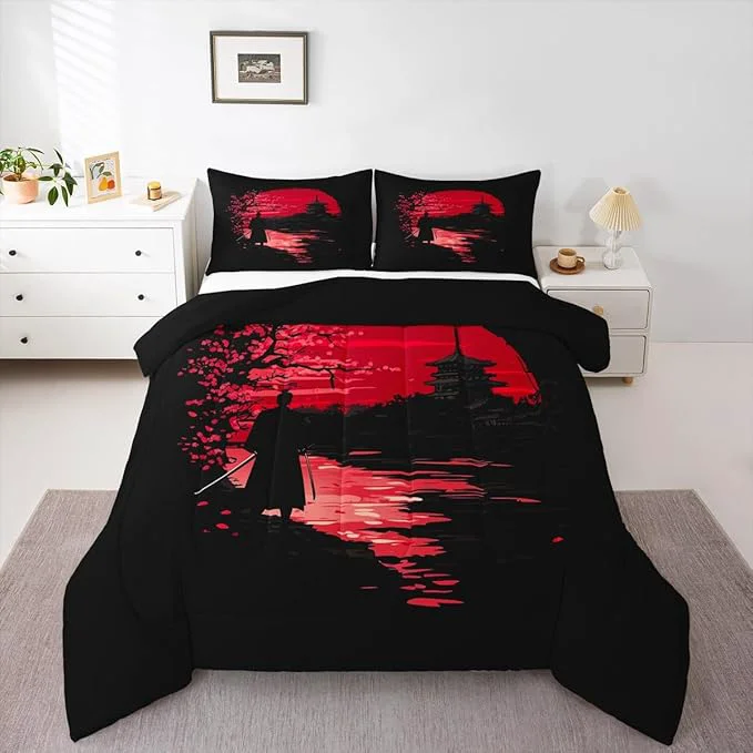 Trendy Erosebridal Samurai Comforter Set Sunset Bedding Set Japanese Samurai Warm Soft Down Comforter Scenery Silhouette Bedroom Decor 3Pcs Duvet Set for Men Boys Teens Queen Size Long-Lasting