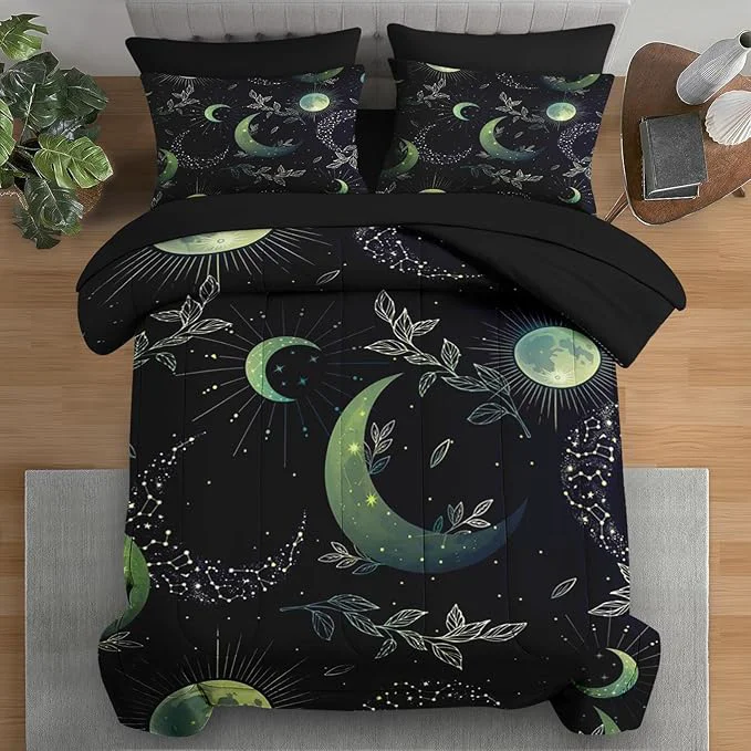 Comforter Set King Size Green Boho Space 7 Pcs Bedding for Kids and Adults Herbs Witch Floral Bed Sheet Sets with Fitted Sheet 2 Pillowcases amp 2 Shams for Bedroom Bed Decor High-Performance