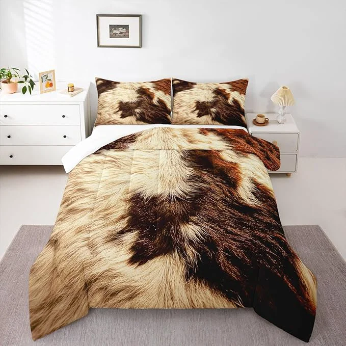 Carefully Designed Erosebridal Cow Print Comforter Set King Cowhide Bedding Sets Adult Women Men Highland Cow Fur Comforter Western Farm Wild Animal Down Comforter Brown White Bull Cattle Skin Duvet Insert 3Pcs Stylish