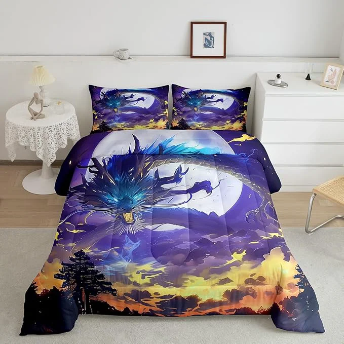 Consistent Fire Dragon Comforter Set Queen Size Volcano Purple Nebula Printed Bedding Set 3Pcs Kids Boys Girls Room Decor Moon Starry Sky Quilt Set Fantasy Style al Animals Theme Duvet Insert 2 Pillowcases Advanced