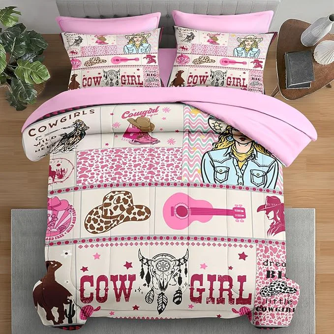 Crafted Comforter Set Full Size Cowgirl Western Country 7 Pcs Retro Bedding for Kids and Adults Cowboy Rustic Pink Bed Sheet Sets with Fitted Sheet 2 Pillowcases amp 2 Shams for Bedroom Bed Decor Casual
