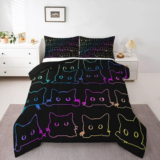 Top-Quality Cute Cats Bedding Set King Kawaii Cat Pet Comforter Set Colorful Neon Ombre Kawaii Animal Line Down Comforter Lovely Cat Lovers Room Decor Lightweight Duvet Set For Teens Children Boy Girl Genuine