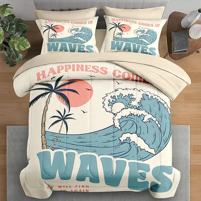 Solid Comforter Set Twin Size Summer Beach Surf 5 Pcs Bedding for Kids and Adults Vintage Board Palm Bed Sheet Sets with Fitted Sheet Pillowcase amp Sham for Bedroom Bed Decor Elegant