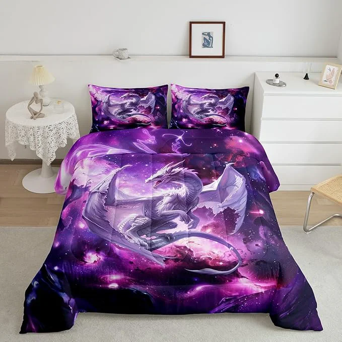 Long-Lasting Dragon Galaxy Comforter Set Queen Size Western al Wildlife Bedding Set for Kids Boys Teens Adults Room Decor Outer Space Animal Duvet Insert 3Pcs Star Glitter Fantasy Quilt Set 2 Pillowcases Dependable