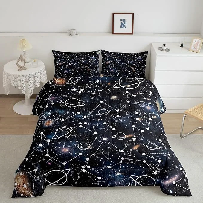 Environmentally Friendly Erosebridal Starry Sky Comforter Set King Size Constellation Bedding Set Galaxy Sun Moon Down Comforter Purple Universe Print Bedroom Decor Quilt Set for Kid Men Women Versatile