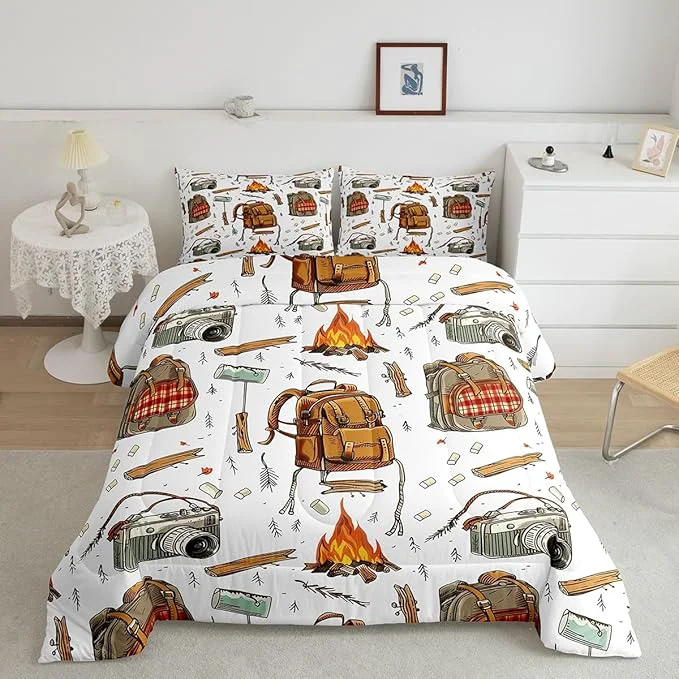 Flexible Feelyou Camping Comforter Set Toddler Size Camper Comforter Accessories for Travel Trailers Bedding Set Camping Backpack Print Duvet Set Room Decor Jade White Quilt Set High-Performance