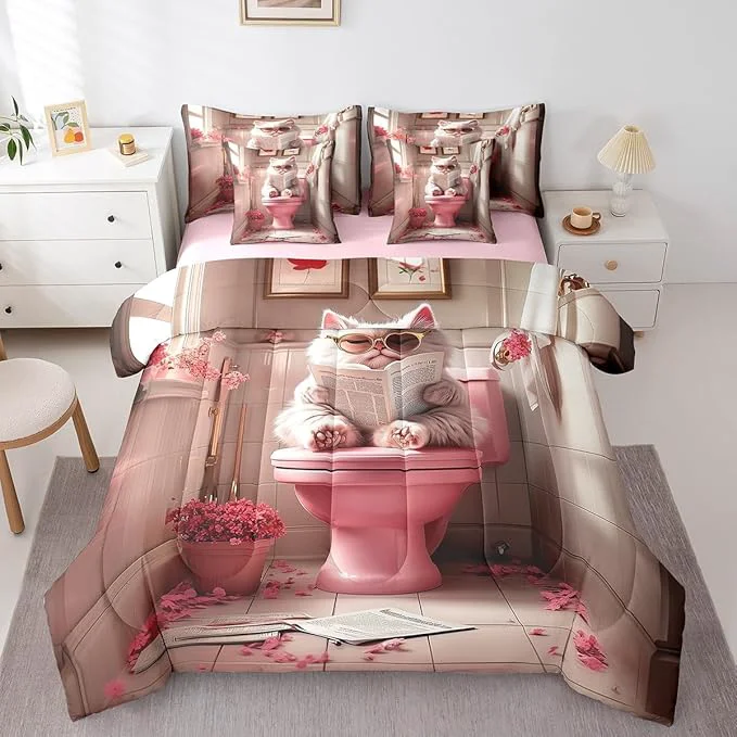 Reusable jejeloiu Cute Cat Bedding Set 7Pcs Queen Size Kids Kawaii Kitten Comforter Set with Sheets for Boys Girls Pink Bed in a Bag Soft Lightweight Microfiber Sophisticated