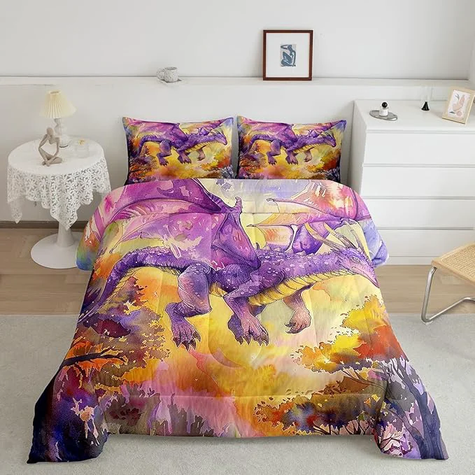 Verified Purple Dragon Comforter Set Twin Size Cartoon Animal Bedding Set for Kids Boys Girls Room Decor Watercolor Abstract Art Quilt Set 2Pcs Jungle Flying Dragon Wildlife Duvet Insert 1 Pillowcase Fine