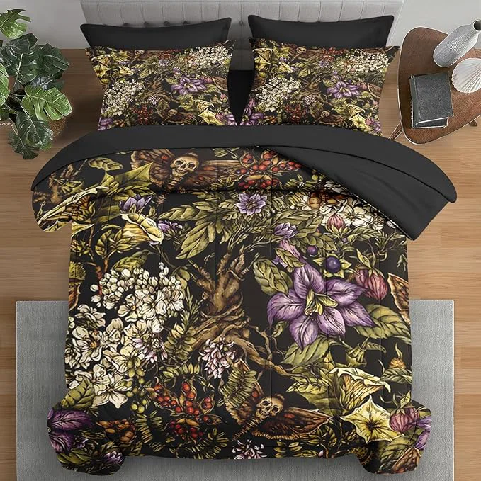Flexible Comforter Set Queen Size Gothic Flower Tree Plants 7 Pcs Bedding for Kids and Adults Death Moth Green Bed Sheet Sets with Fitted Sheet 2 Pillowcases amp 2 Shams for Bedroom Bed Decor Excellent