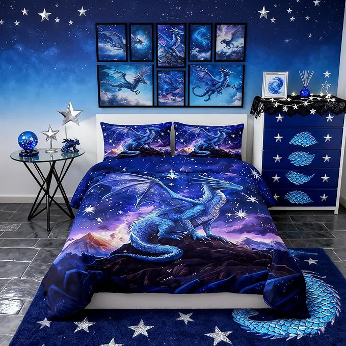 Exceptional Dragon Comforter Set Full Size Starry Sky Mountains Bedding Set for Kids Girls Boys Room Decor Wild Animal Trippy Duvet Insert Blue Purple Western al Quilt Set 3Pcs 2 Pillowcases Convenient
