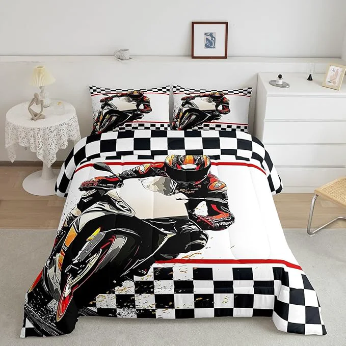 Traditional Feelyou Dirt Bike Comforter Set Full Size Racing Motocross Rider Comforter for Boys Girls Teens Extreme Sports Bedding Set Flag Duvet Set Room Decor Off White Quilt Set Fine Crafted