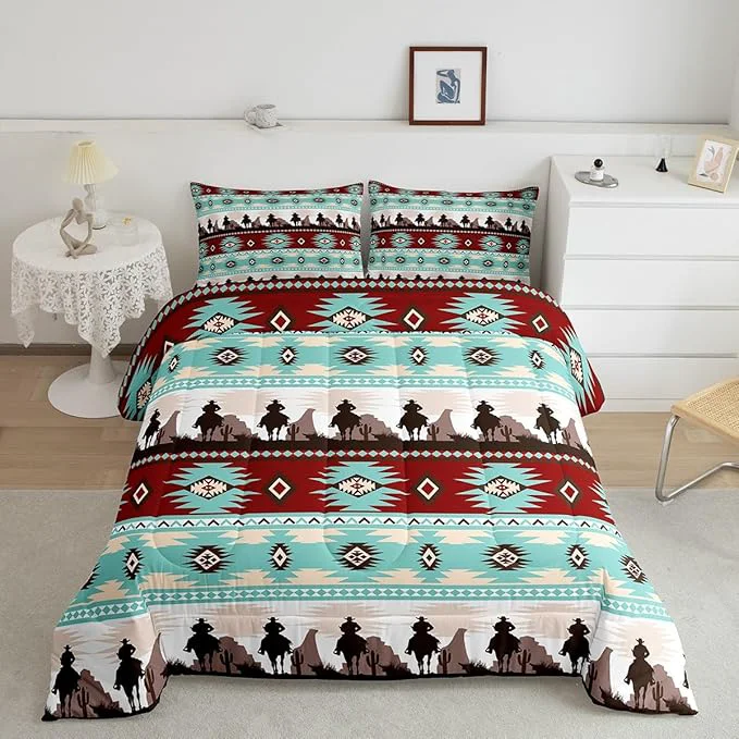 Dependable Feelyou Boho Comforter Set Full Size Horses Comforter Southwestern Native Aztec Bedding Set Farmhouse Wildlife Duvet Set Room Decor Light Blue Quilt Set Powerful