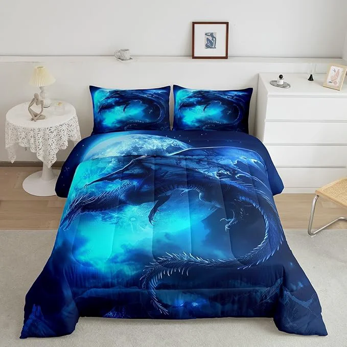 Crafted Dragon Moon Comforter Set Full Size Wildlife al Dinosaur Bedding Set for Kids Boys Girls Room Decor Microfiber Soft Trippy Quilt Set 3D Blue Dragon Printed Duvet Insert 3Pcs 2 Pillowcases Versatile