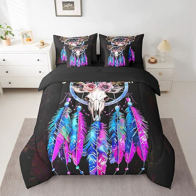 Luxury Erosebridal Bull Skull 7 Piece Comforter Set Full Bed in a Bag Dream Catchers Bedding Sets Bohemian Dreamcatcher Feather Sheet Set with Comforter Functional