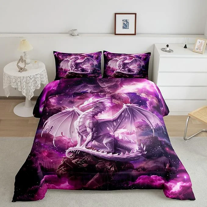 User-Friendly Dragon Kids Comforter Set Queen Size Western al Dragon Bedding Set for Boys Teens Adults Room Decor Animal Galaxy Nebula Duvet Insert 3Pcs Glitter Starry Sky Wildlife Quilt Set 2 Pillowcases Next-Generation