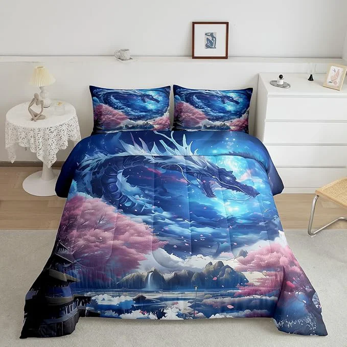 Convenient Dragon Comforter Set Starry Sky Mountains Bedding Set Twin Size 2Pcs Kids Boys Girls Room Decor Pink Cherry Blossom Printed Quilt Set Western al Style Animals Theme Duvet Insert 1 Pillowcase Versatile