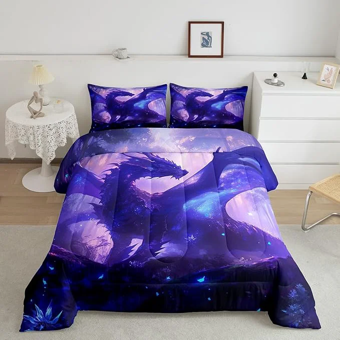 Original Feelyou Dragon Comforter Set Queen Size Jungle Dragon Comforter for Boys Girls Teens Western Dragon Bedding Set Wild Animal Duvet Set Room Decor Purple Quilt Set Clean