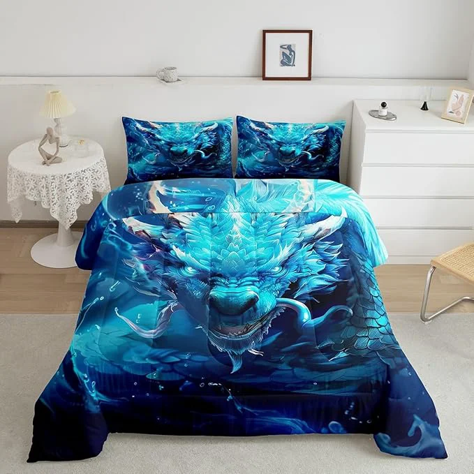 Reliable 3D Dragon Comforter Set Queen Size Western al Dragon Gothic Bedding Set for Kids Boys Teens Men Room Decor Waterdrop Nature Animal Duvet Insert 3Pcs Wildlife Retro Quilt Set 2 Pillowcases Green