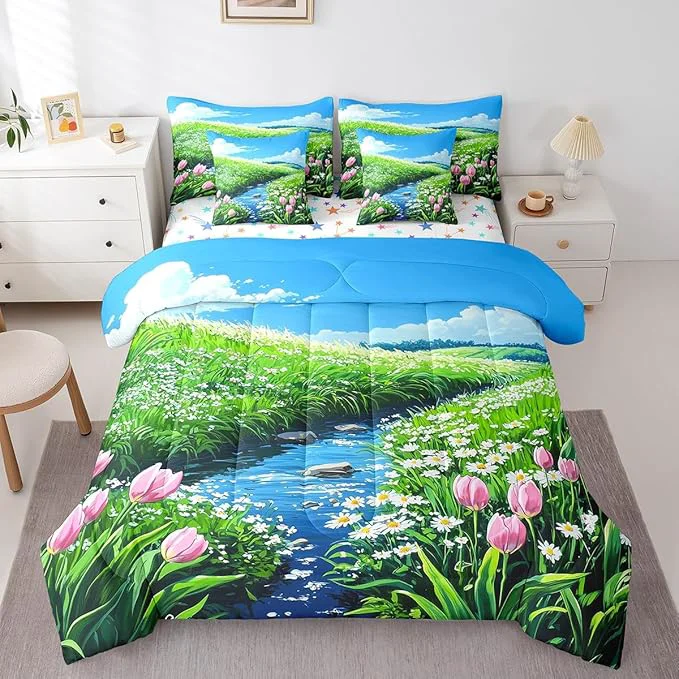 Quality jejeloiu Cute Anime Floral Bedding Set 7Pcs King Size Kids Tulip Floral Comforter Set with Sheets for Boys Girls Flower River Bed in a Bag Soft Lightweight Microfiber Innovative