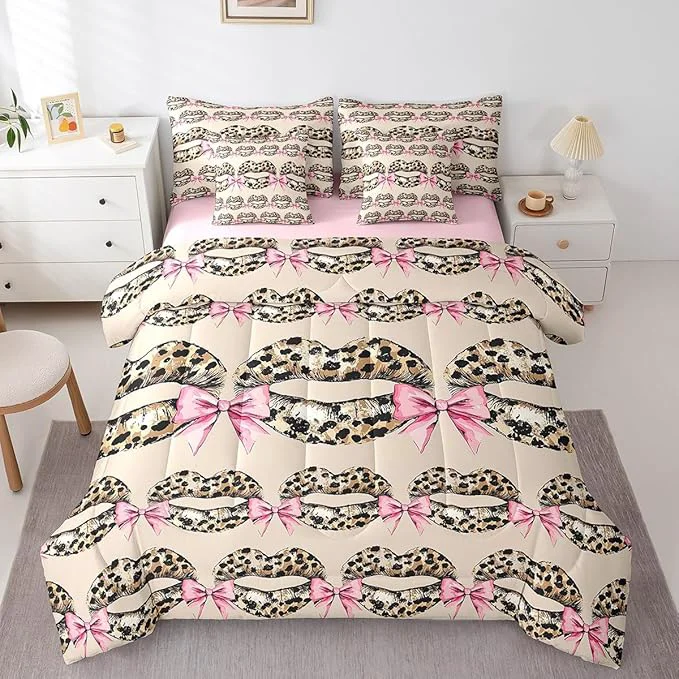 Fashionable jejeloiu Leopard Kiss Lips Bedding Set 7Pcs Full Size Kids Pink Bow Comforter Set with Sheets for Boys Girls Vintage Bed in a Bag Soft Lightweight Microfiber Smart