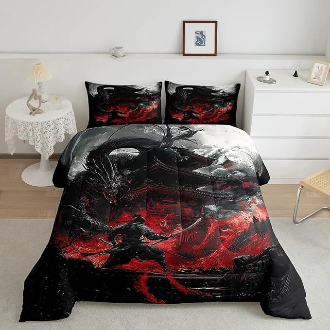 High-Quality Feelyou Dragon Comforter Set Toddler Size Japanese Style Comforter for Boys Girls Teens Samurai Bedding Set Dragon Decor Duvet Set Room Decor Black Red Quilt Set World-Class