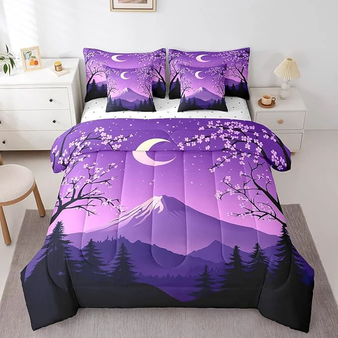 Long-Lasting jejeloiu Japanese Purple Bedding Set 7Pcs Queen Size Kids Mount Fuji Comforter Set with Sheets for Boys Girls Cherry Blossom Bed in a Bag Soft Lightweight Microfiber Authentic