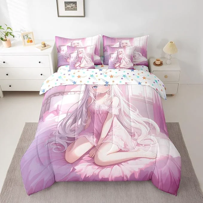 Environmentally Friendly Erosebridal Full Size Japanese Anime 7 Piece Comforter Set Anime Girl Bedding Set Kawaii Japanese Style Bed in A Bag Cartoon Japan Animation Sheet Set for Boys Teen Adult Women Bedroom Pink Flexible