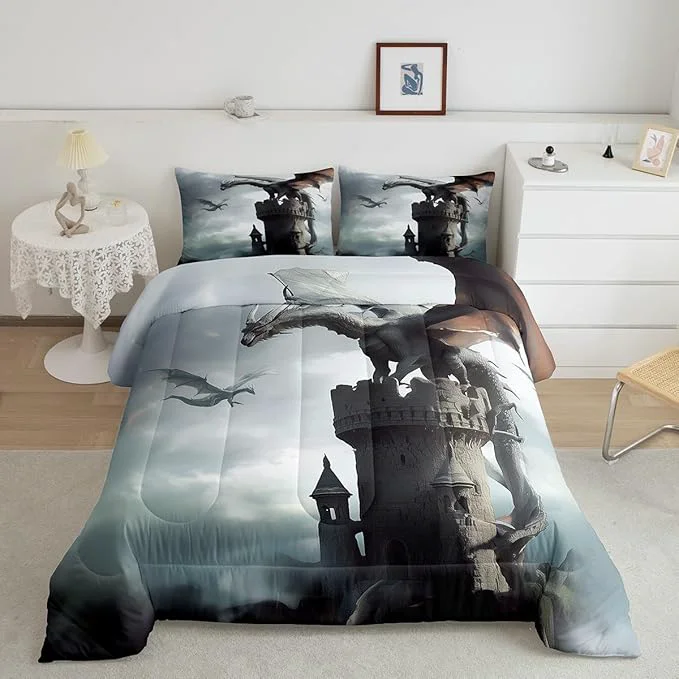 Recyclable Flying Dragon Comforter Set Queen Size Grey Sky Vintage Old Castle Printed Bedding Set for Kids Boys Girls Room Decor 3D Wild Animal Theme Duvet Insert 3Pcs Retro Microfiber Quilt Set 2 Pillowcases Verified