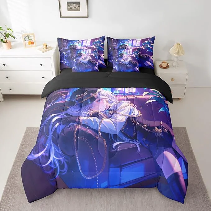 Organic Anime Girl Comforter Set With Sheets Full Size Japanese Anime 7 Piece Bedding Set For Kids Boys Teens Women Bedroom Decor Cartoon Girl Bed In A Bag Japanese Animation Kawaii Bed Sets Purple Next-Generation