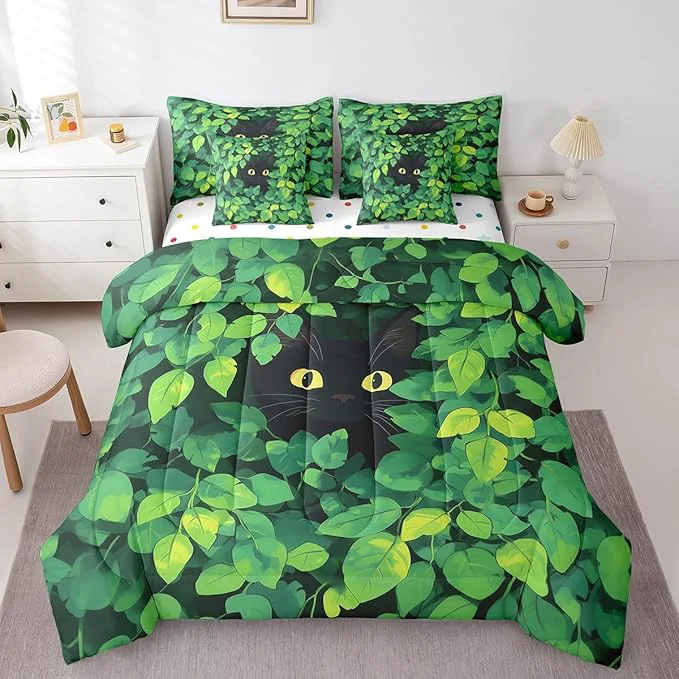 Versatile jejeloiu Cute Cat Bedding Set 7Pcs Queen Size Kids Kawaii Kitten Comforter Set with Sheets for Boys Girls Green Plant Bed in a Bag Soft Lightweight Microfiber Casual