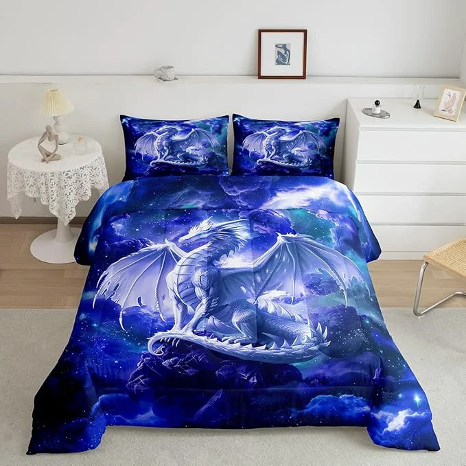 Reliable Western al Dragon Comforter Set Twin Size Starry Sky Glitter Bedding Set for Kids Boys Girls Room Decor Galaxy Nebula Wildlife Quilt Set 2Pcs Nature Animal Blue Duvet Insert 1 Pillowcase Sophisticated