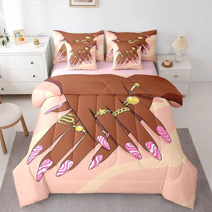Verified Erosebridal Romantic Makeup Themed Comforter Sets Queen for Girls Fashion Girlish Sheet Set 7 Piece Black Girls Bedding Set for Kids Teens Adult Women Bedroom Afro Vogue Princess al Bed in A Bag Fashionable