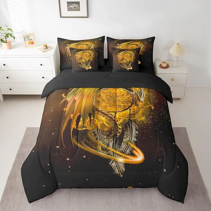 Fine Crafted Erosebridal Gothic Dragon Dream Catchers Comforter Set 7 Piece Bed in a Bag Twin Yellow Galaxy Bohemian Feather Bedding Sets Antique Animal Pterosaur Sheet Set with Comforter Innovative