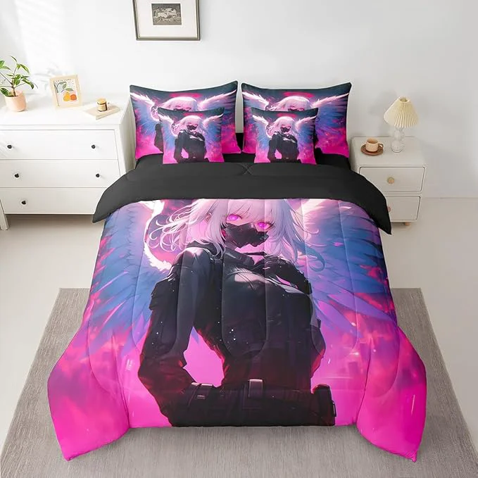 Refined Erosebridal King Japanese Anime Bed in A Bag Anime Girl Comforter Set with Sheets for Kids Girls Teens Men Bedroom Decor Cartoon Girl 7 Piece Bedding Set Kawaii Japanese Animation Bed Sets Reusable