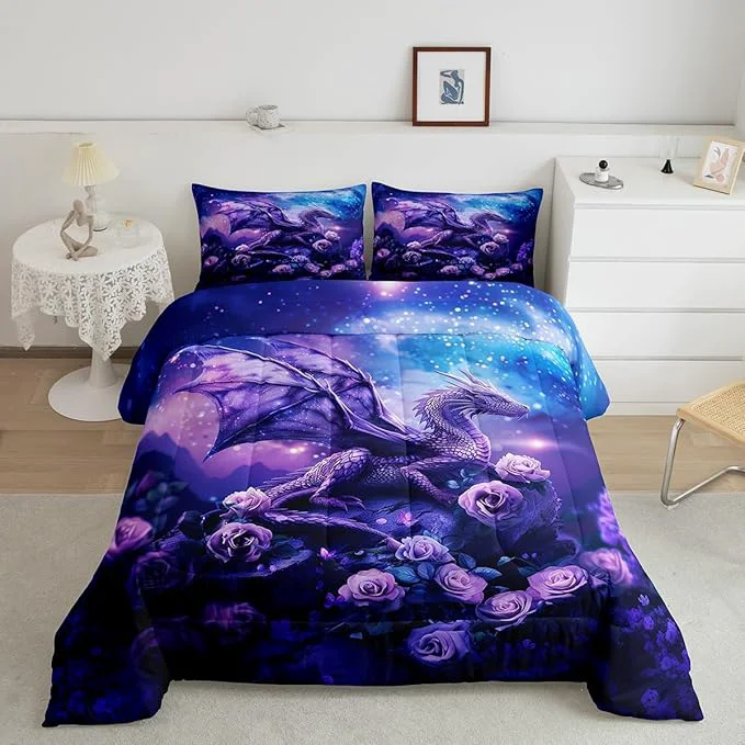 Practical Dragon Comforter Set Twin Size Starry Sky Rose Flower Duvet Insert 2Pcs Purple Nebula Galaxy Bedding Set for Kids Boys Girls Room Decor Western al Dragon Microfiber Quilt Set 1 Pillowcase Specialty