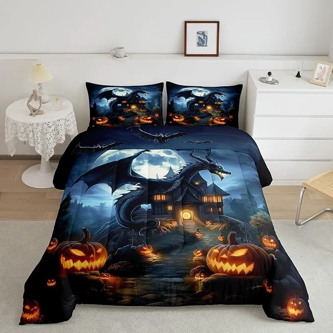 Relaxed Halloween Dragon Bedding Set Full Size Pumpkin Wooden Cabin Comforter Set for Kids Boys Girls Room Decor Moonlight Bat Wild Animal Duvet Insert 3Pcs Western al Dragon Quilt Set 2 Pillowcases Advanced