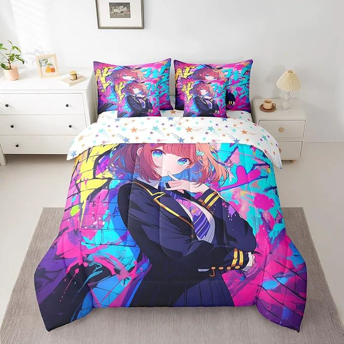 Carefully Designed Erosebridal 7 Piece Girls Japanese Anime Comforter Set Full Kawaii Anime Girl Bedding Sets Cartoon Girl Sheet Set for Kids Teens Adult Room Decor Japanese Animation Sci Fi Style Bed in A Bag Elegant