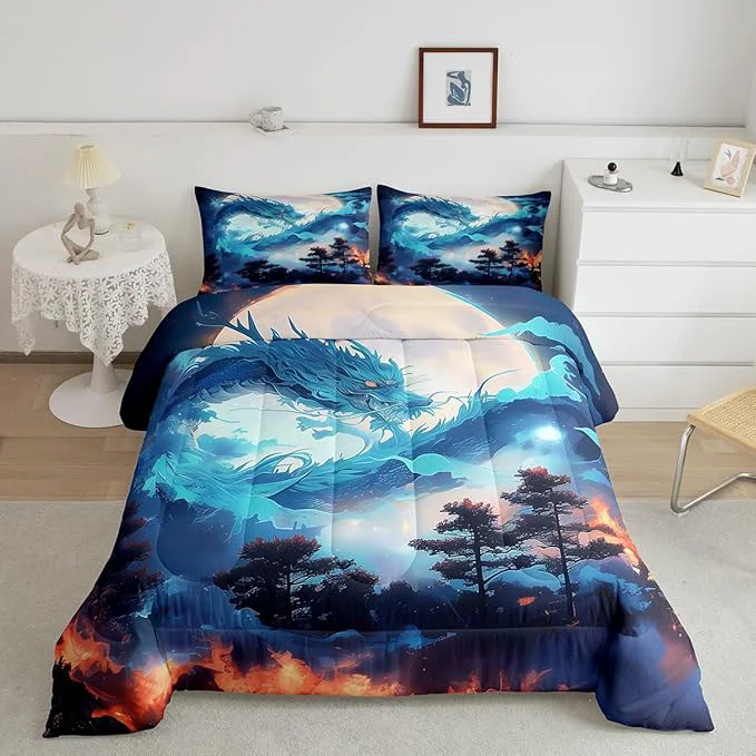 Exceptional Blue Dragon Comforter Set King Size Jungle Animals Western al Bedding Set Kids Boys Girls Room Decor Volcano Moon Starry Sky Quilt Set Exotic Trippy Wildlife Style Duvet Insert 2 Pillowcases Certified