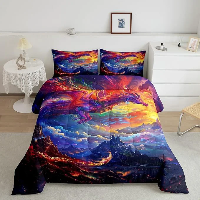 Smart Dragon Bedding Set Full Size Starry Sky and Flame Mountain Comforter Set 3Pcs Kids Girls Boys Teens Home Decor al Animals Quilt Set Purple Western Wildlife Theme Duvet Insert 2 Pillowcases Classic