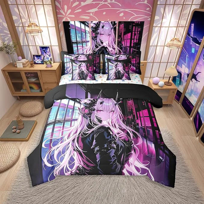 Fashionable Erosebridal Japanese Anime 7 Piece Comforter Set King Size Anime Girl Bed in A Bag Kawaii Japanese Style Bedding Set Cartoon Japan Animation Bed Set for Boys Teens Adult Women Bedroom Decor Long-Lasting