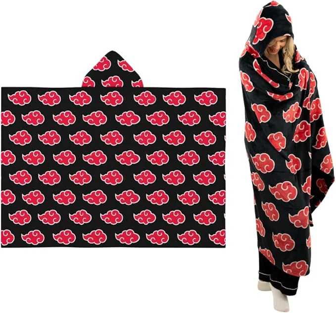 Classic Naruto Anime Akatsuki Cloud Bedding Super Soft and Cozy Wearable Hooded Throw Blanket 70 in x 50 in Licensed Product by Franco Collectibles